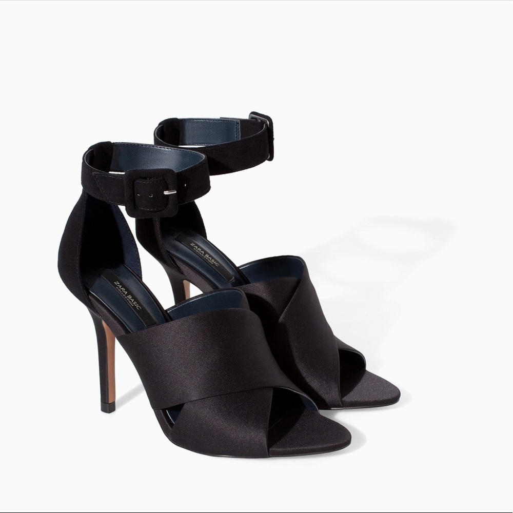 ZARA SATIN CROSSOVER ANKLE STRAP HIGH HEELS NEW WITH TAGS BLACK